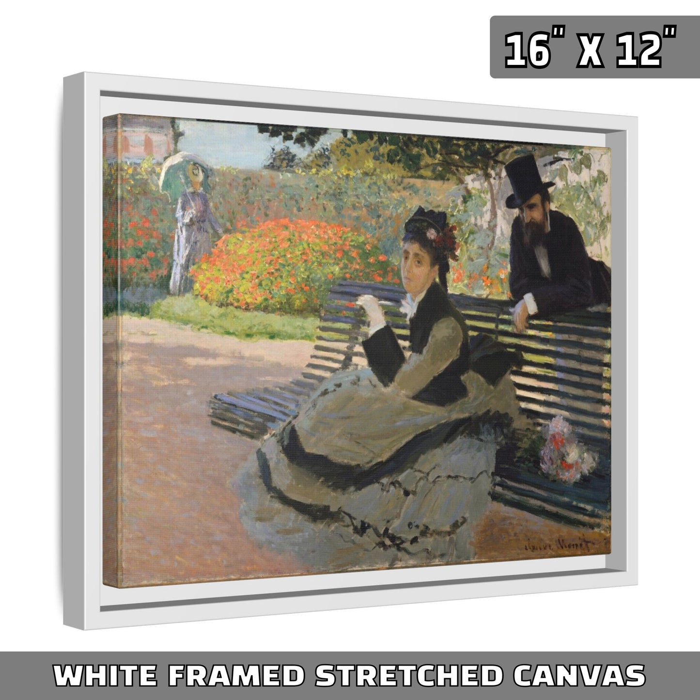 CAMILLE ON A GARDEN BENCH by Claude Monet FRAMED MATTE STRETCH CANVAS