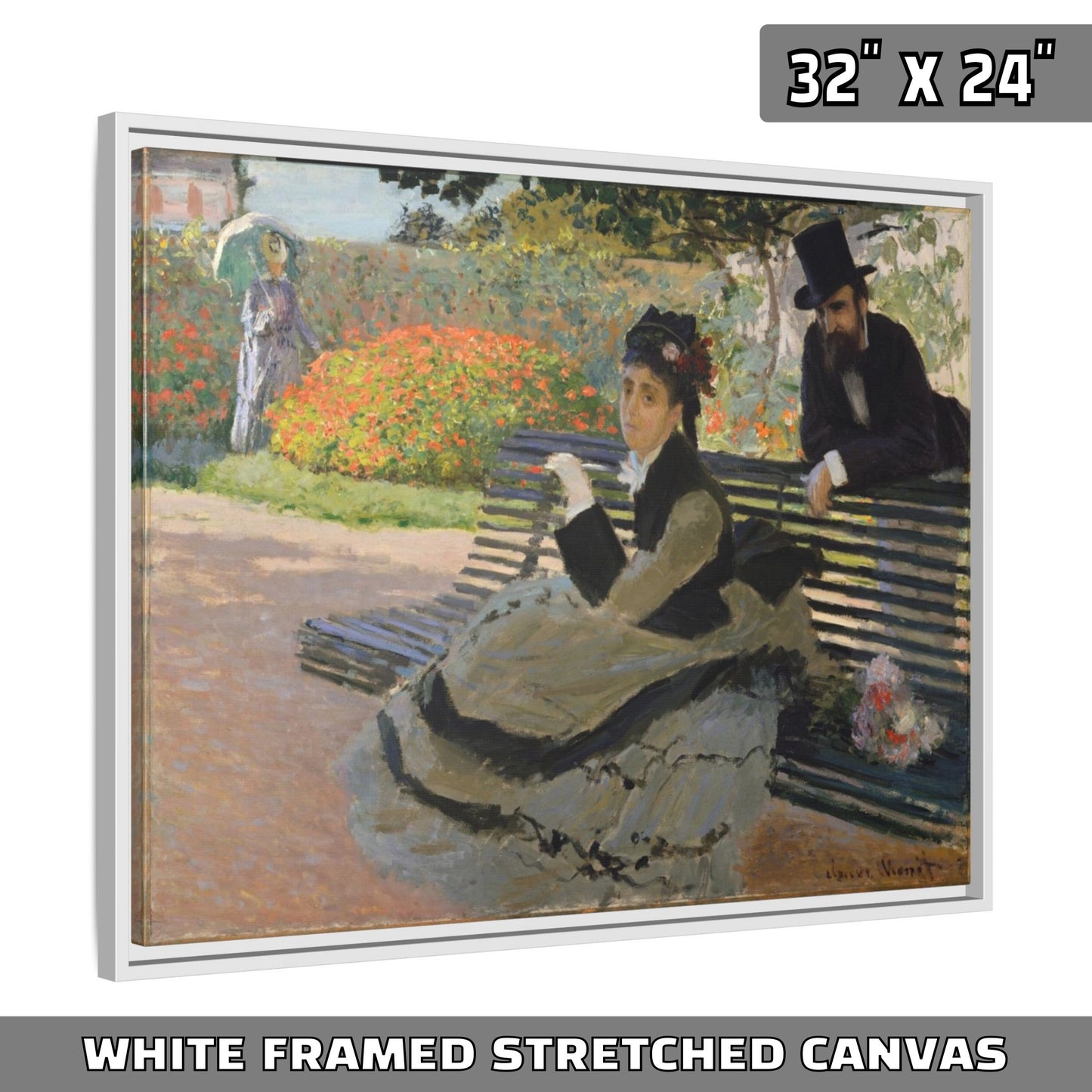 CAMILLE ON A GARDEN BENCH by Claude Monet FRAMED MATTE STRETCH CANVAS
