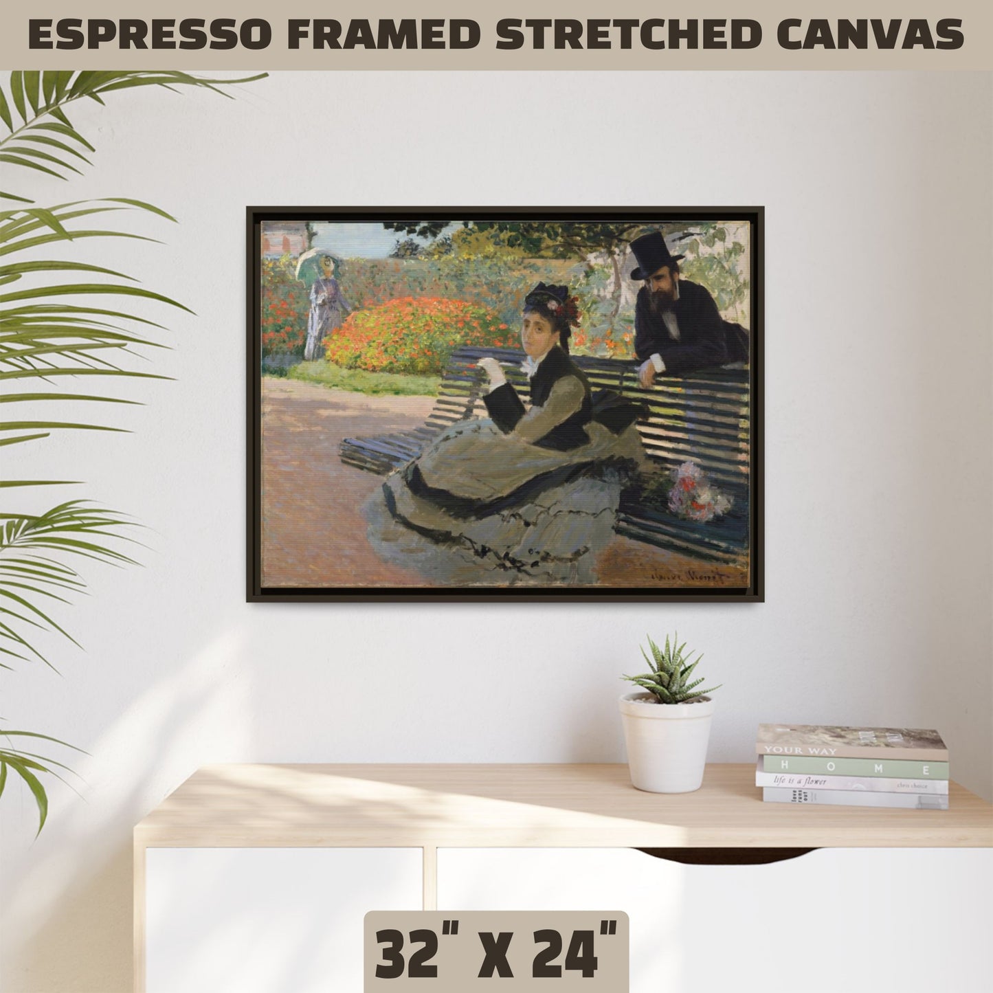 CAMILLE ON A GARDEN BENCH by Claude Monet FRAMED MATTE STRETCH CANVAS