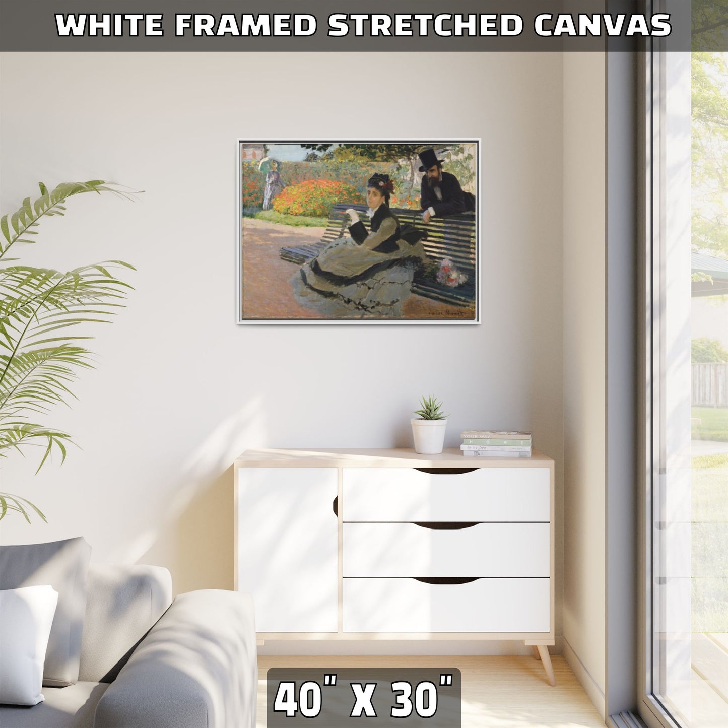 CAMILLE ON A GARDEN BENCH by Claude Monet FRAMED MATTE STRETCH CANVAS